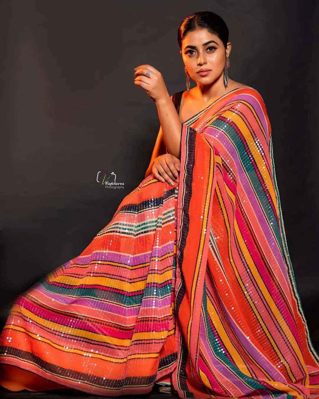 Malayalam Girl Shamna Kasim In Orange Saree Sleeveless Black Blouse